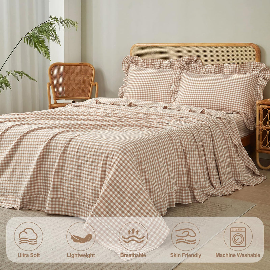 Tan Gingham Ruffle Sheets Set Boho Taupe Plaid Bed Sheets