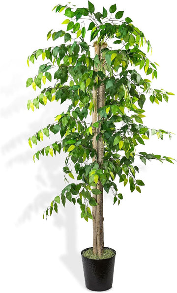 Deluxe 6ft Artificial Ficus Tree in Planter - High End Realistic Silk Tree, Real Wood -Tall Indoor Faux Floor Plant