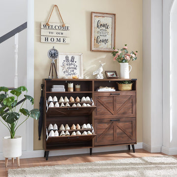 Farmhouse Shoe Storage Cabinet with 4 Flip Drawers & Open Storage
