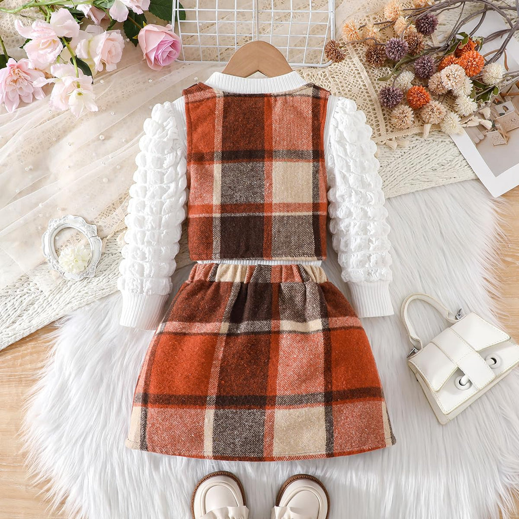 Toddler Girls Plaid Outfits Puff Sleeve Knit Ribbed Tops Button Down Vest Plaid Skirt Set Girls Fall Winter Clothes