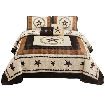 Peak 5 Pc Western Texas Cross Lodge Barbed Wire Quilt Bedspread Shams Pillow Oversize Comforter (Beige Star Gun)