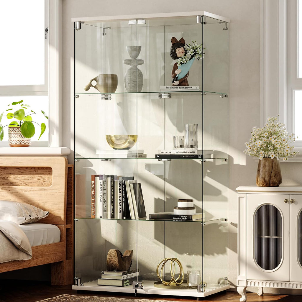 4-Tier Glass Display Cabinet with Lock, Clear Curio Cabinet with Double Glass Doors, for Collectibles, Figures