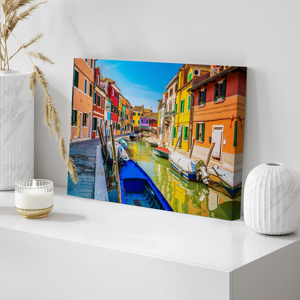 Canvas Print Wall Colorful Burano Canal Scene Vibrant Venice Architecture and Boats Photography Realism Bohemian