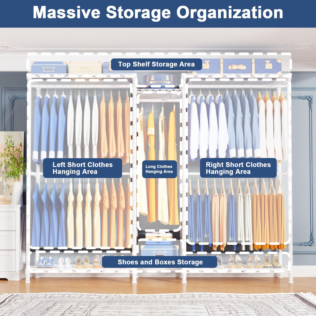 E12 Pro Clothes Rack, Heavy Duty Freestanding Garment Rack with Shelves, Metal Clothing Closet Storage System for