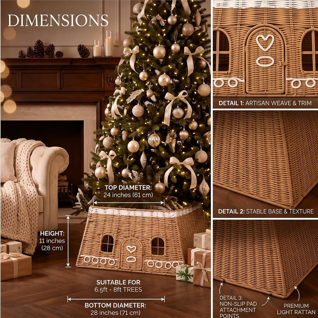 Christmas Gingerbread House Tree Collar, 17 in, Rattan, Brown