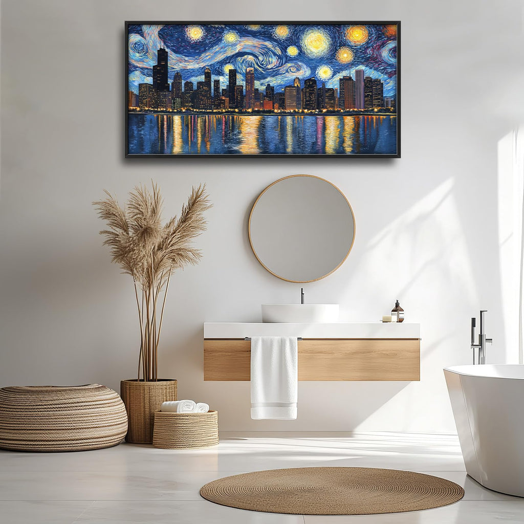 Chicago Skyline Wall, Starry Night Chicago Pictures Wall Decor, USA Cityscape Canvas Prints Painting, Large Building