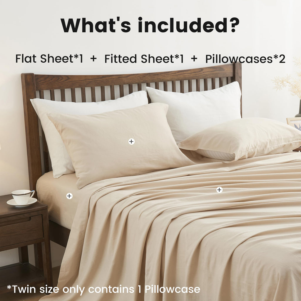Belgian Linen Sheet Set Solid Color - 4 Pieces (1 Flat Sheet, 1 Fitted Sheet & 2 Pillowcases) Natural Flax Cotton