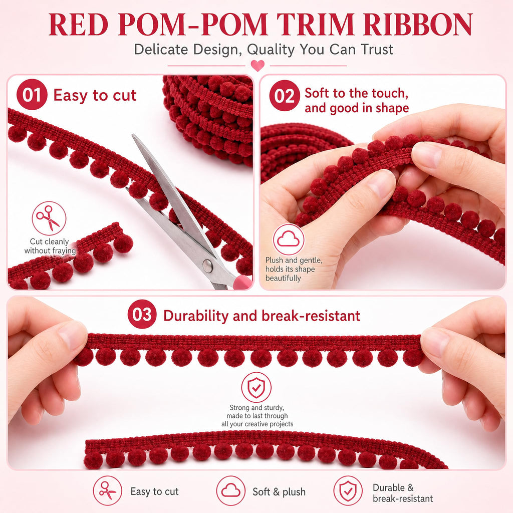 Pom Trim Ribbon, Red 1/2 Inch Pom Ball Fringe Lace Trim - 8.5 Yards
