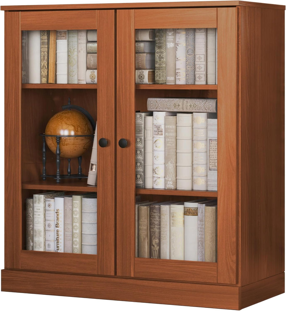 Solid Wood Bookcase - 32" Wide x 36" Short - Mocha, Wooden Bookshelf - Small Display Cabinet, Bookcase with Glass