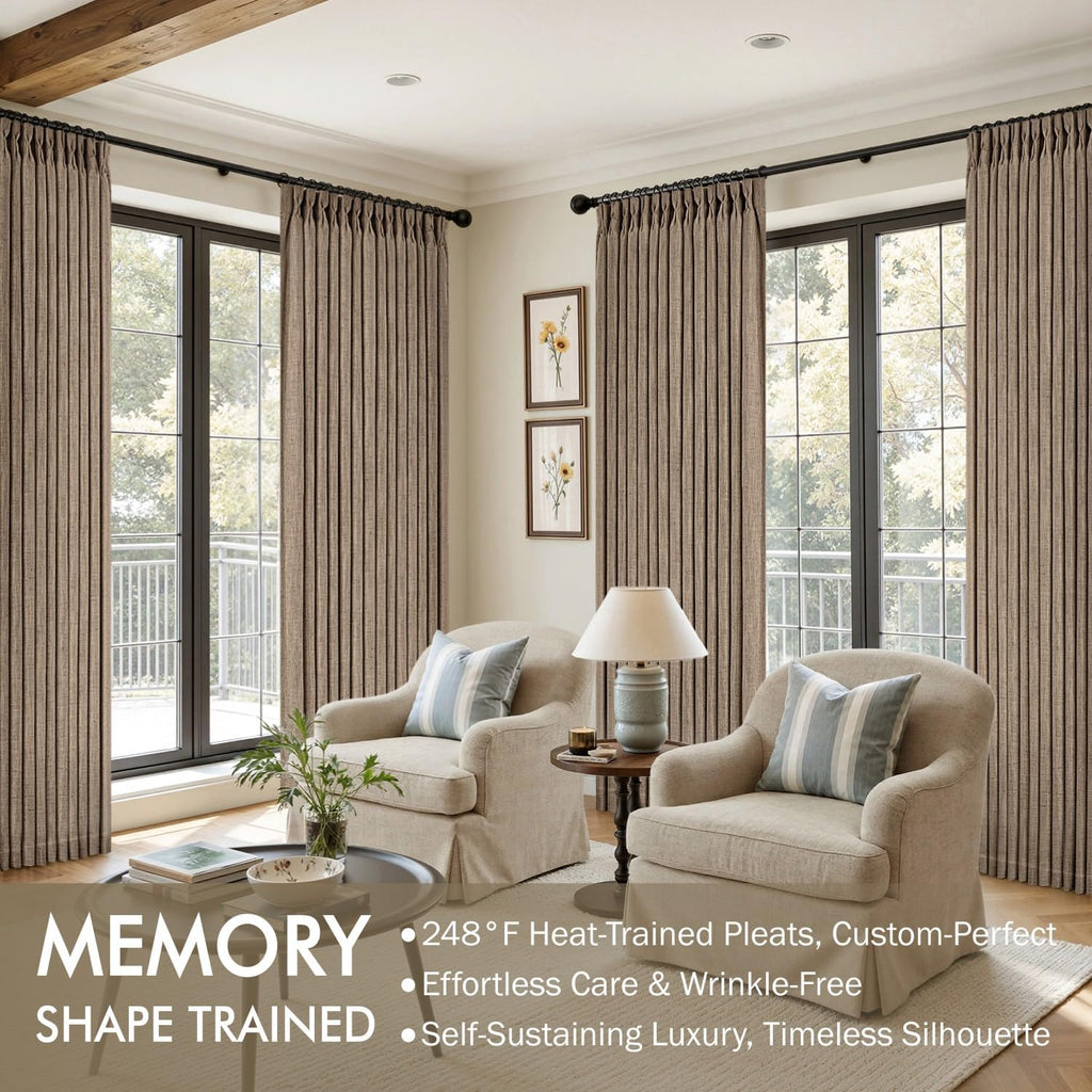 Pinch Pleated Thick Linen Curtains 90 Inches 2 Panels Brown Drapes