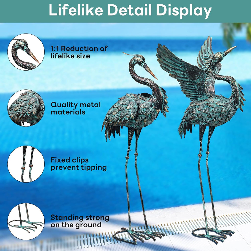 Large Garden Statues Set of 2, Metal Crane Sculptures, Bronze Heron Outdoor