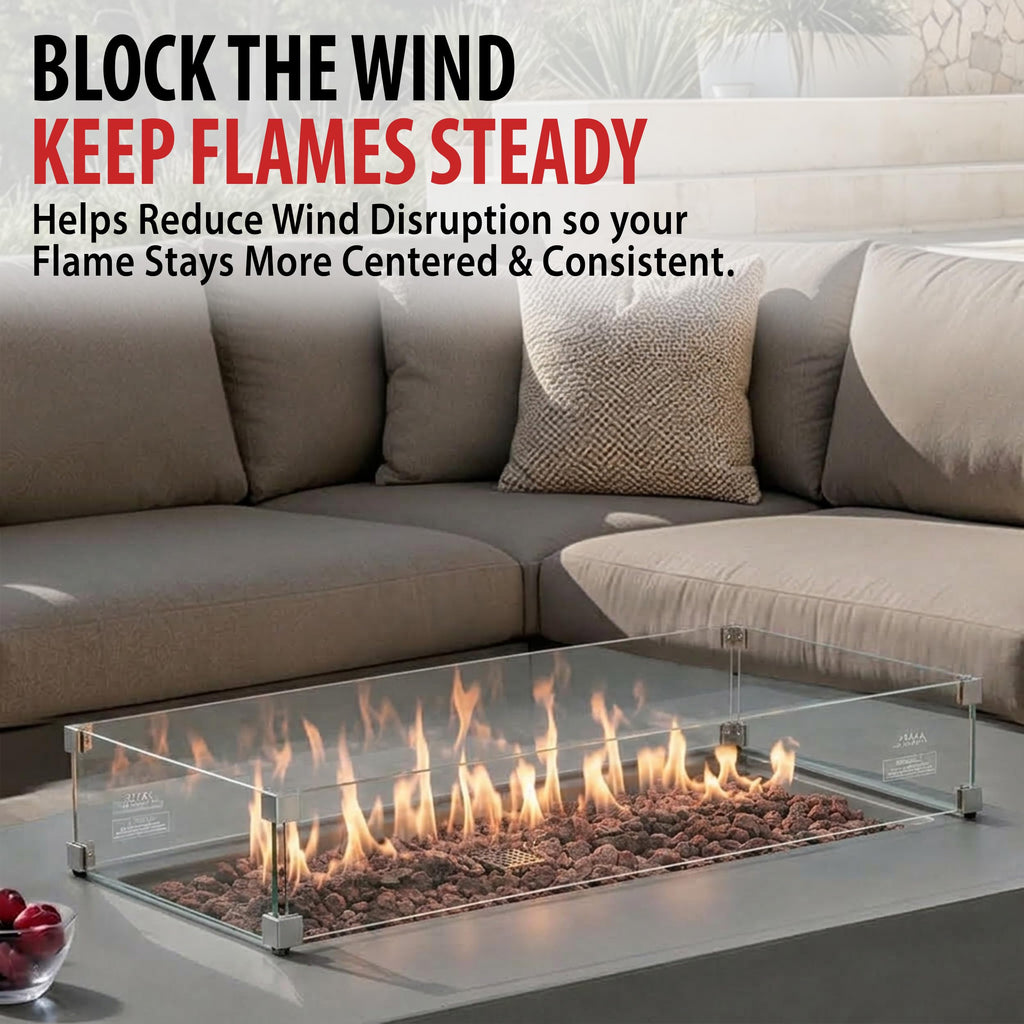 AMS 38" Rectangular Clear Tempered Glass Wind Guard for Fire Pit Table