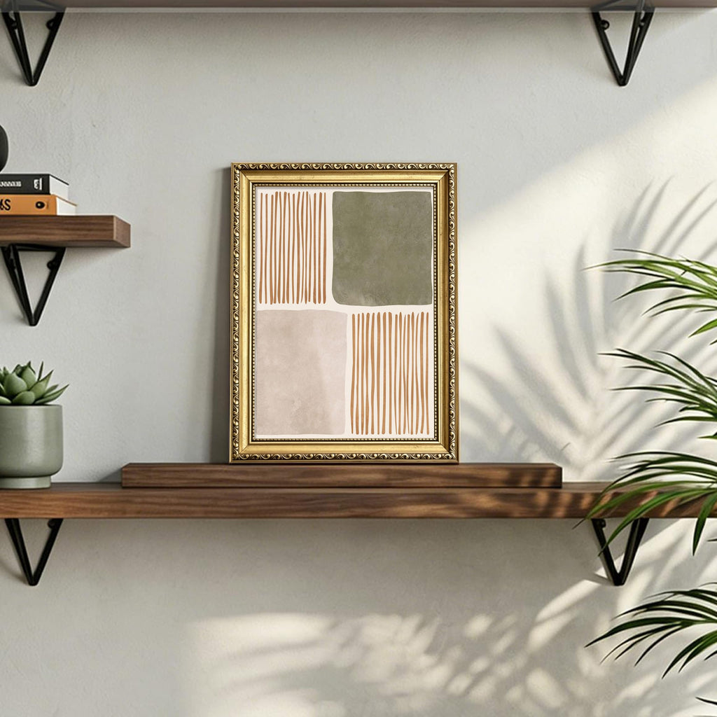 Gold Framed Modern Abstract Wall Art, Neutral Sage Green Geometric Picture Wall Decor, Beige Terracotta Canvas Print