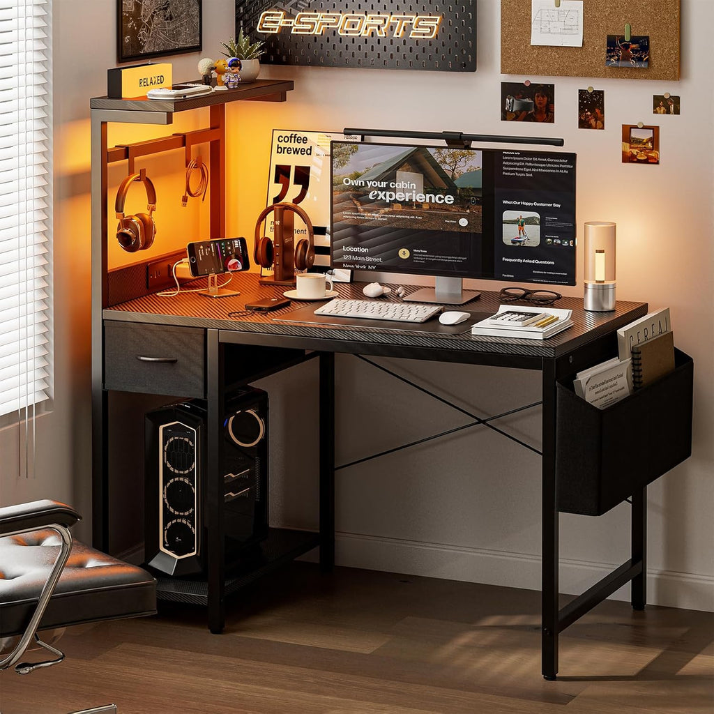 Gaming Desk 55 Inch with Power Outlet and LED Light, Computer Desk with Reversible Shelves and Storage Drawer, Pc