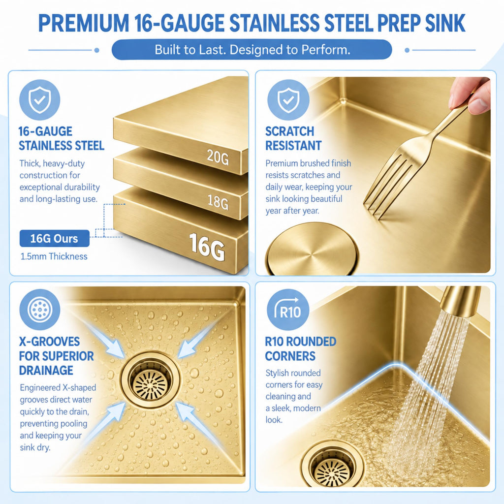 Gold Bar Sink Undermount, 16" X 18" Bar Prep Sink with Workstation