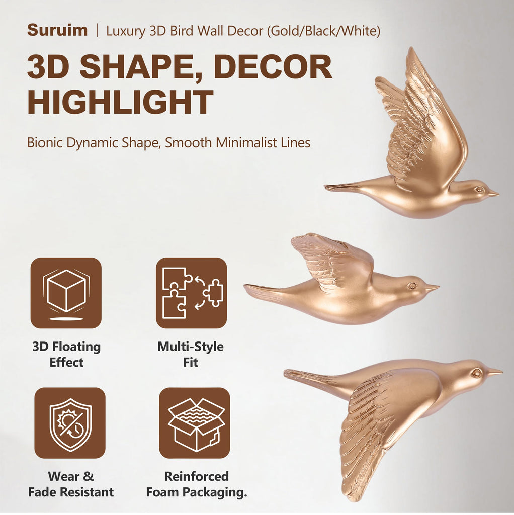 3D Birds Wall Decor Set of 3 Resin Wall Sculpture(Gold)