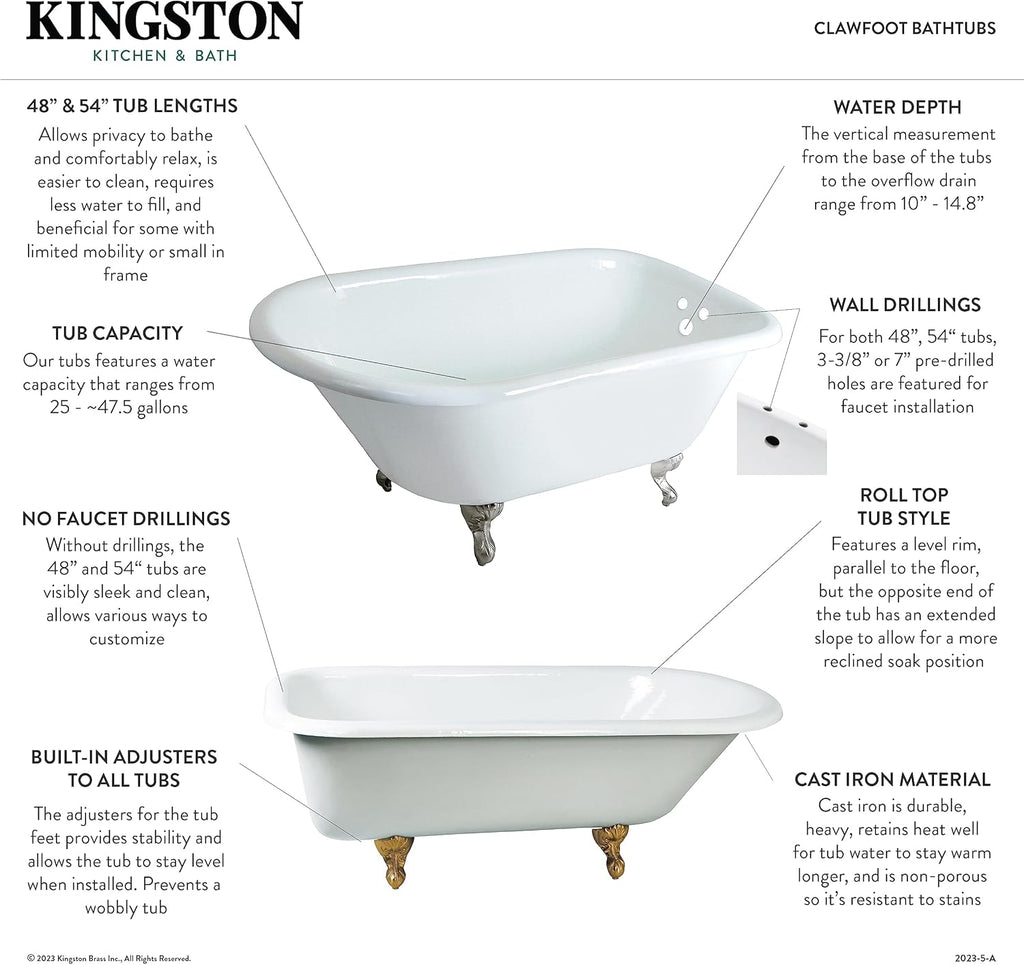 VCT3D543019NT5 54-Inch Cast Iron Roll Top Claw Foot Tub with 3-3/8-Inch Tub Wall Drillings and Oil Rubbed Bronze Feet