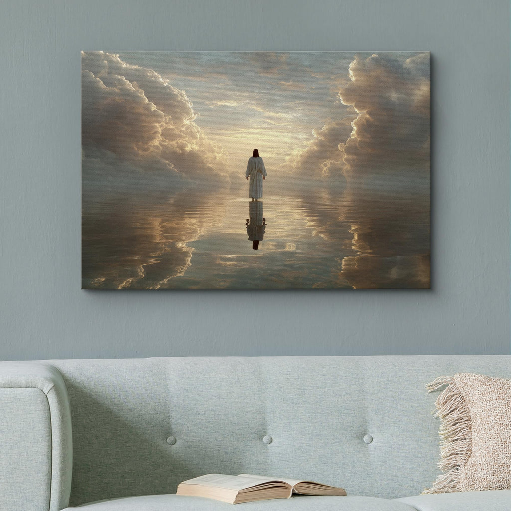 Canvas Print Wall Art Heavenly Light Spiritual Figure Walking on Water Clouds Illustrations Fine Art Traditional