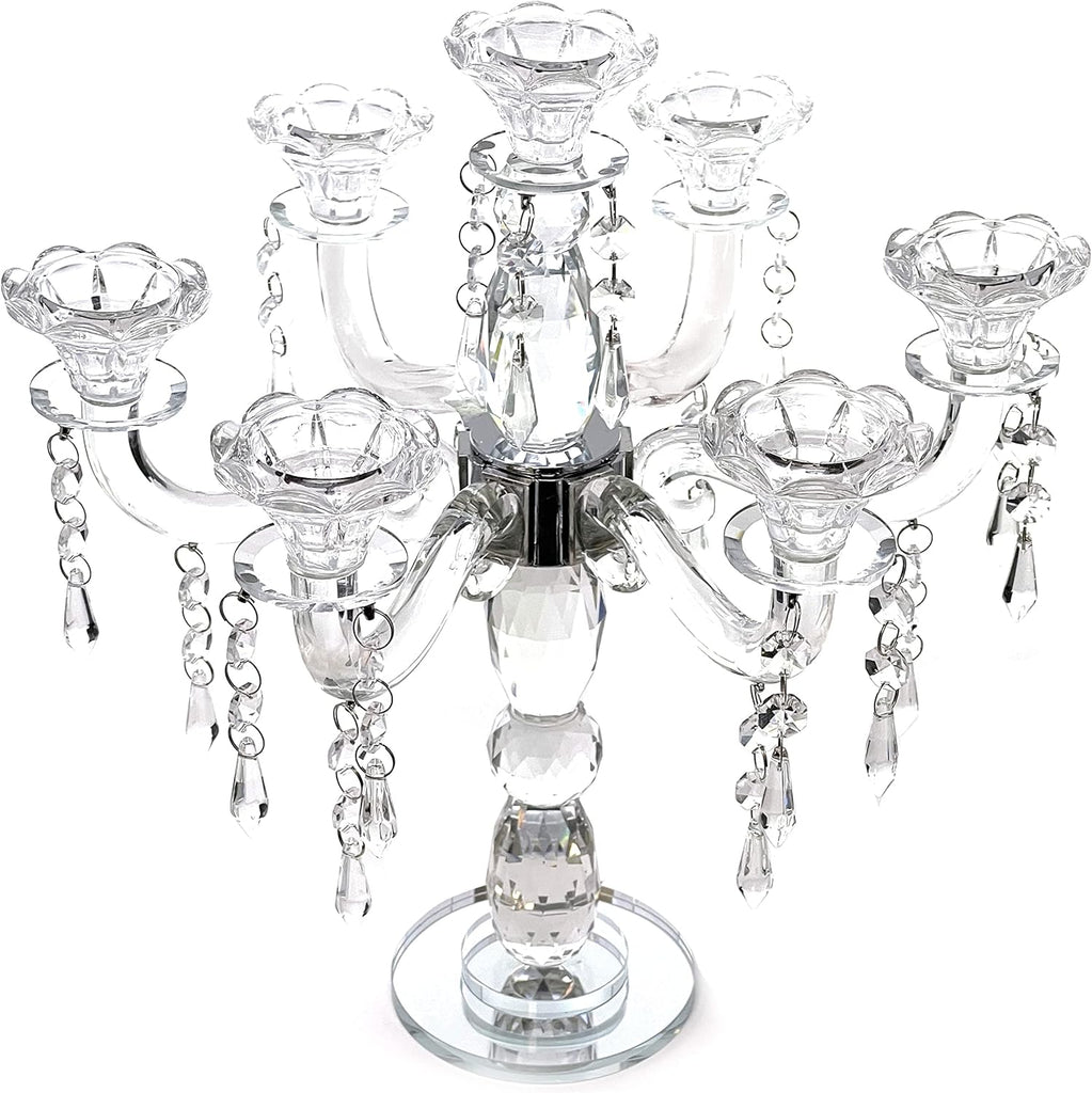 Crystal Candle Holder - 7-Arm 14 Inch Crystal Taper Candlestick Candelabra - Centerpieceval