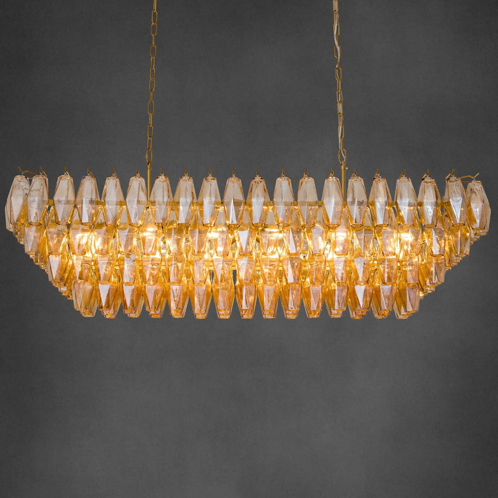 54" Gold Rectangular Chandeliers for Dining Room, 12-Light 4 Tiered Large Smoke Glass Brass Chandelier, Modern Kitchen Island Farmhouse Hanging Light Fixture for Living Room Foyer A118-B0DQLFLJHT