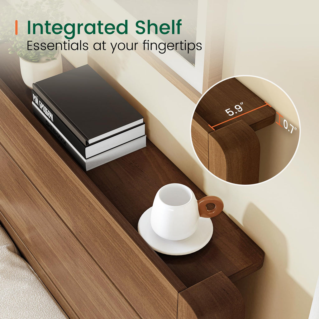Queen Size Wood Platform Bed Frame with Mid-Century Modern Tall Headboard & Charging Station, Built-in Headboard