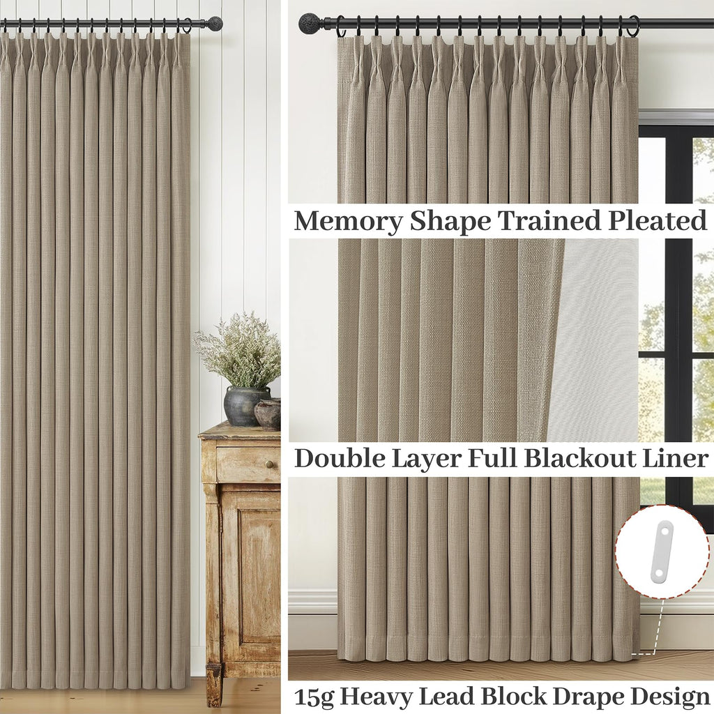 Taupe Pleated Linen Blackout Sliding Doors Curtains 4 Panels Set 84 Inches Long, Memory Trained Pinch Pleat Insulated
