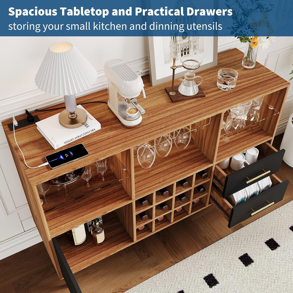 47 Inch Modern Bar Cabinet, Wood Sideboard Buffet with LED Lights, Charging Station, Wine Rack, Drawers & Doors