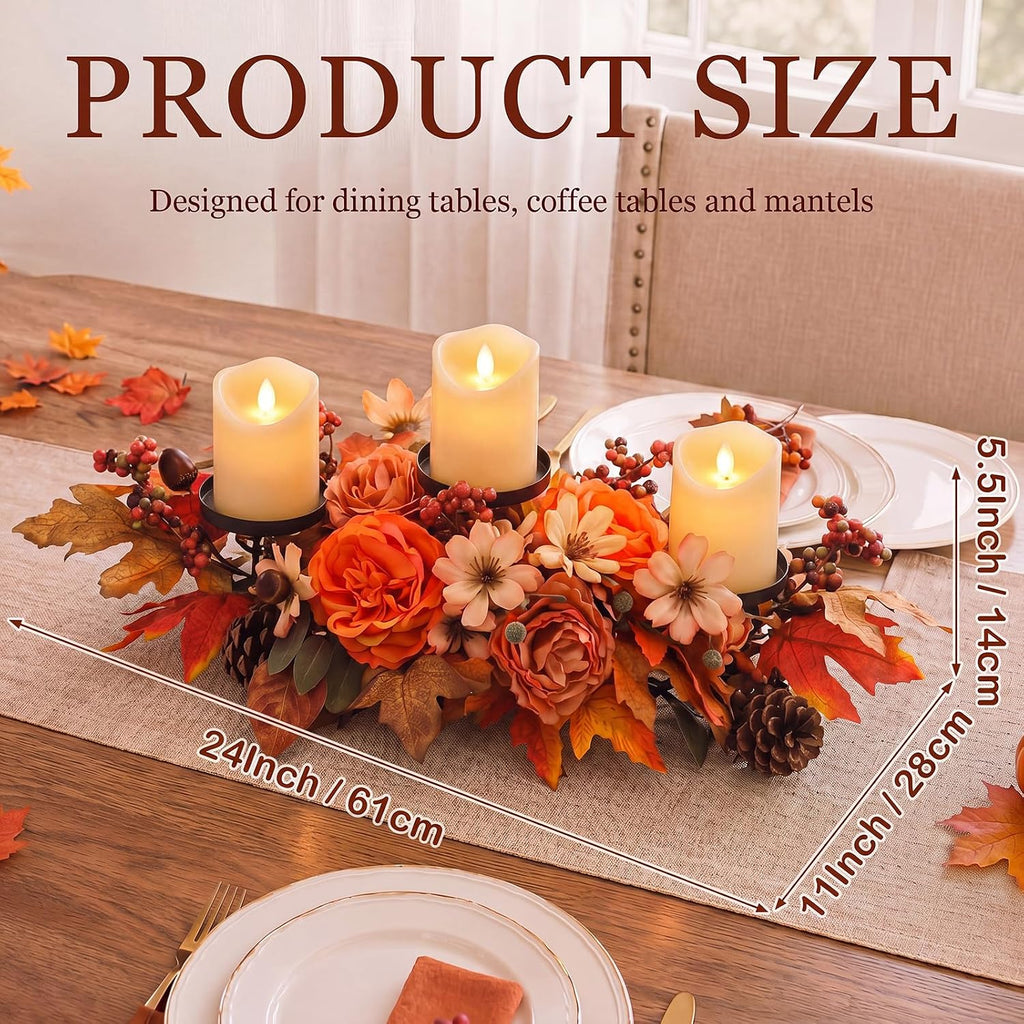 24" Fall Candle Holder Centerpiece, 3 Candles Holders