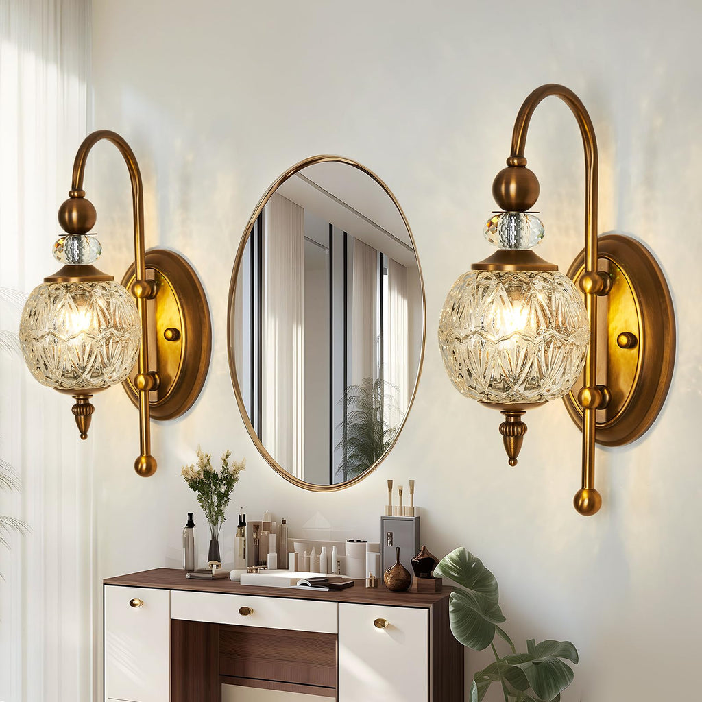Vintage Gold Wall Sconce Set of Two Mid Century Brushed Brass with Glass Globe Shade Vanity Light Indoor G9 Bulb Wall