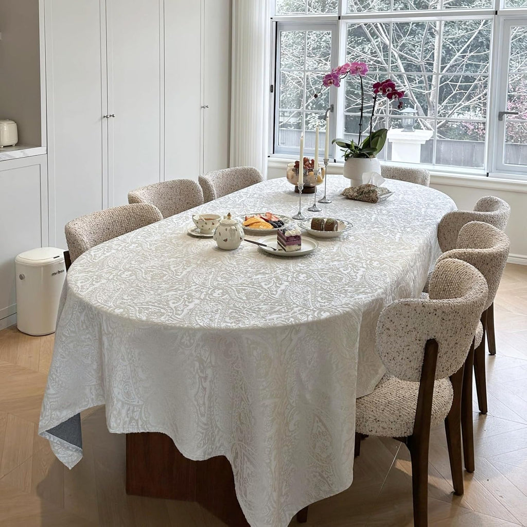 Jacquard Rectangle Tablecloth, Floral Design Thick Kitchen Dining Table Cloth, Waterproof Wrinkle Fr