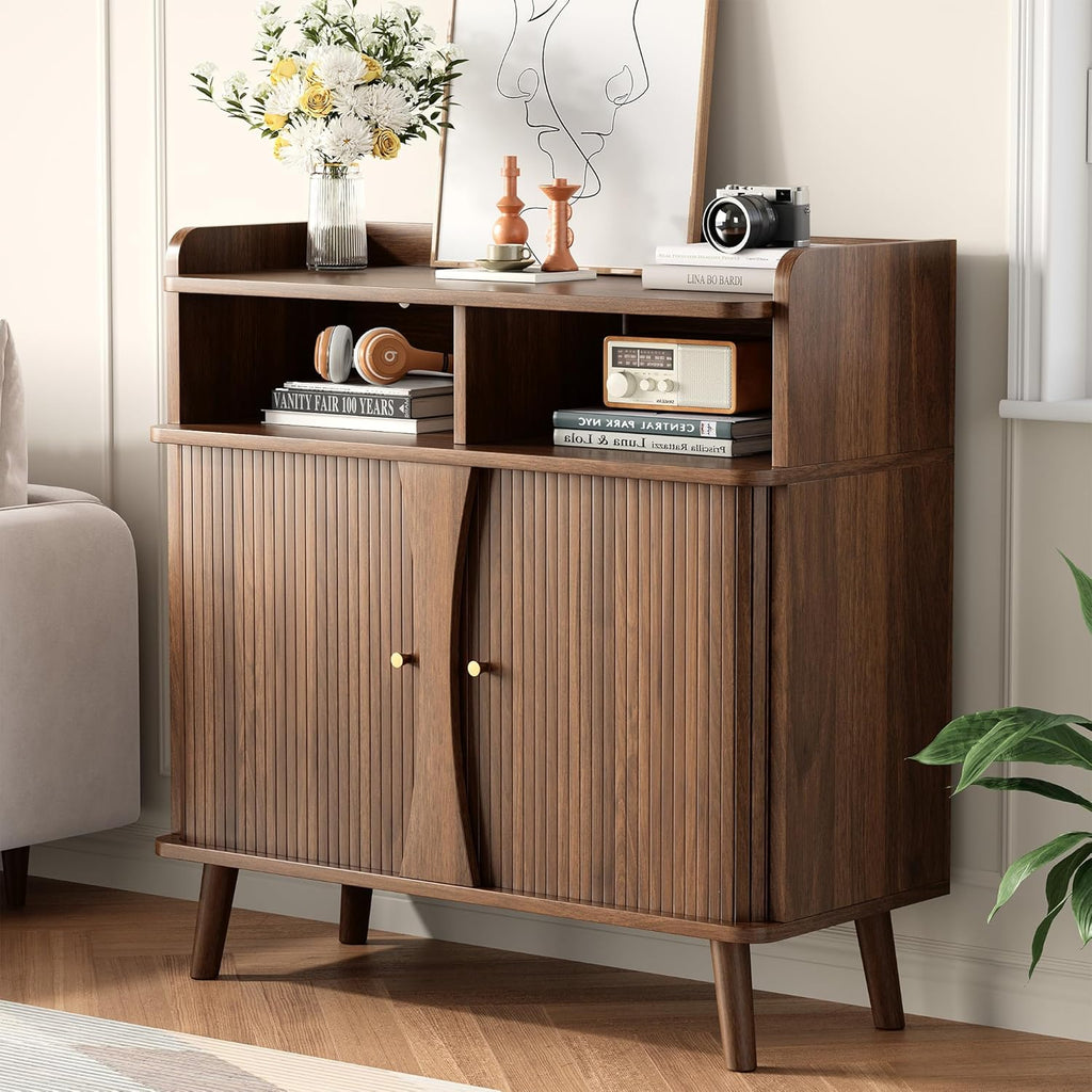 39" Buffet Sideboard Cabinet, Mid Century Modern Console Cabinet with Roller Shutter Sliding Doors & Adjustable
