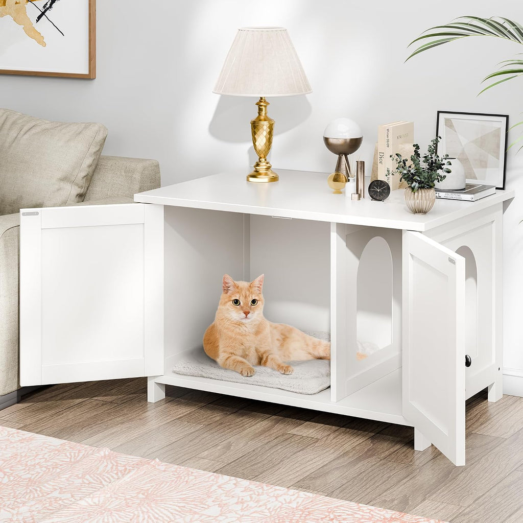 Cat Litter Box Enclosure, Litter Box Furniture Cabinet Hidden with Removable Divider, Wooden Cat House with End