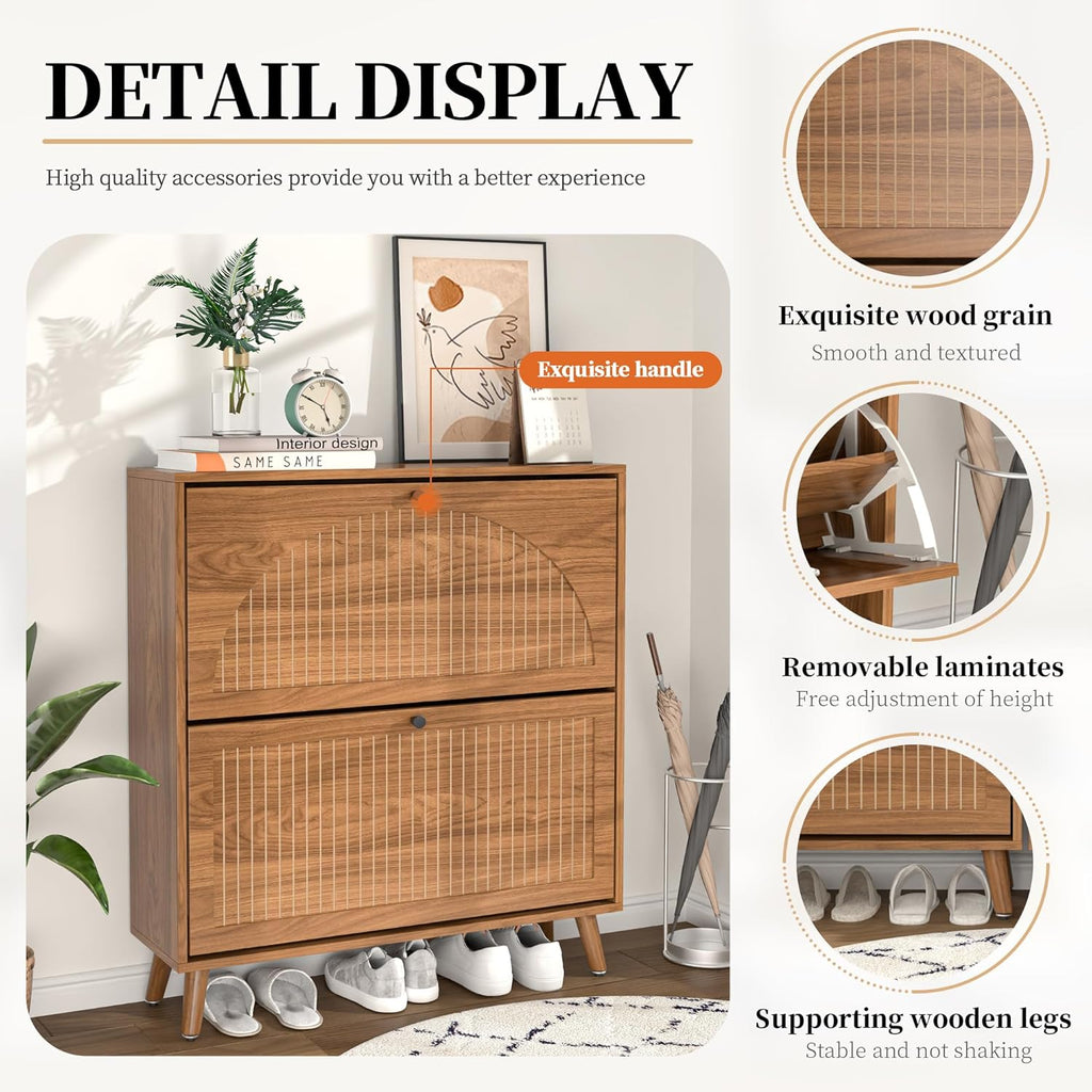 Shoe Storage Cabinet with 2 Flip Drawers, Narrow Wood Shoe Cabinet with Fluted Panel, Freestanding Hidden Shoe