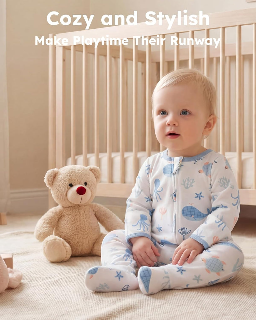 Sleepers 100% Cotton Footie Pajamas, 0-3 3-6 with Way Zipper, 2pcs PJs Baby Boy Clothes
