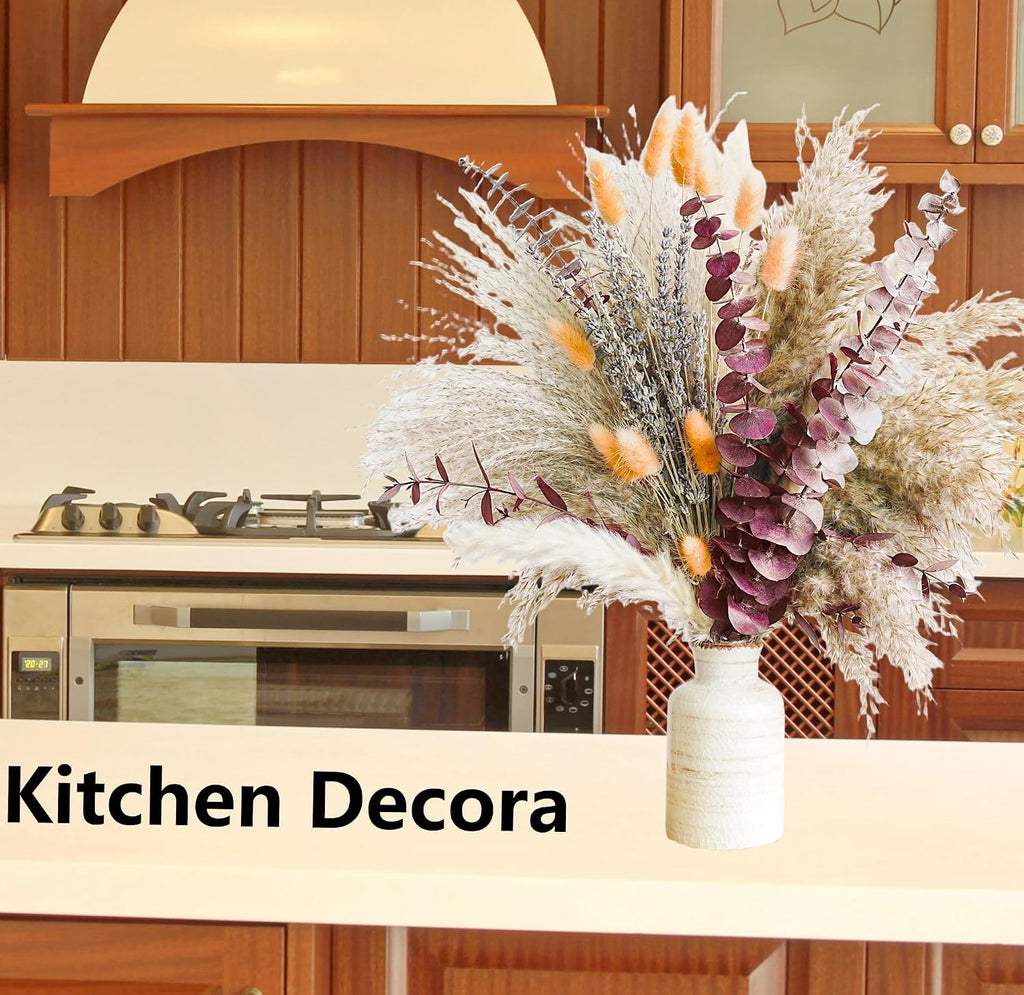 Fall Dried Flower Bouquet with Pampas Grass, Orange Bunny Tails, Lavender & Red Eucalyptus -Boho Fall Decor, Vase