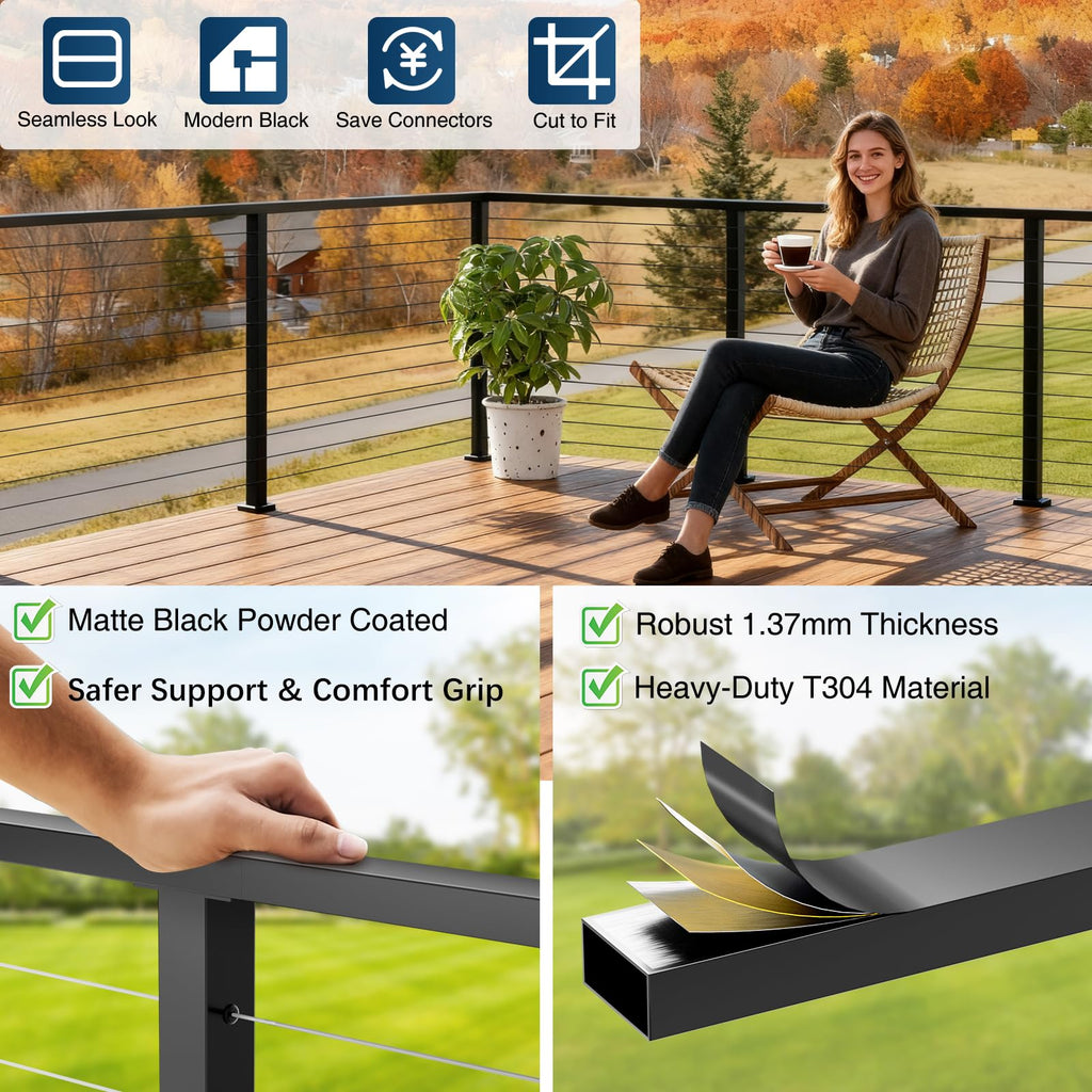 10FT Black Rectangular Handrail, 2 Pack Flat Cable Railing Handrail