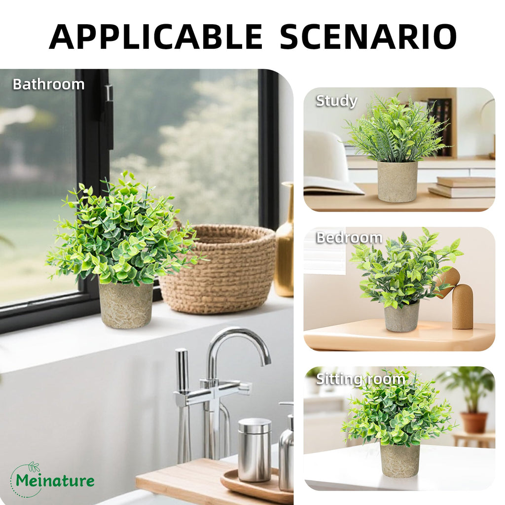 Artificial Potted Plants Set of 3, Mixed Faux Greenery with Artificial Eucalyptus &False Fern Grass, Small Fake Plant