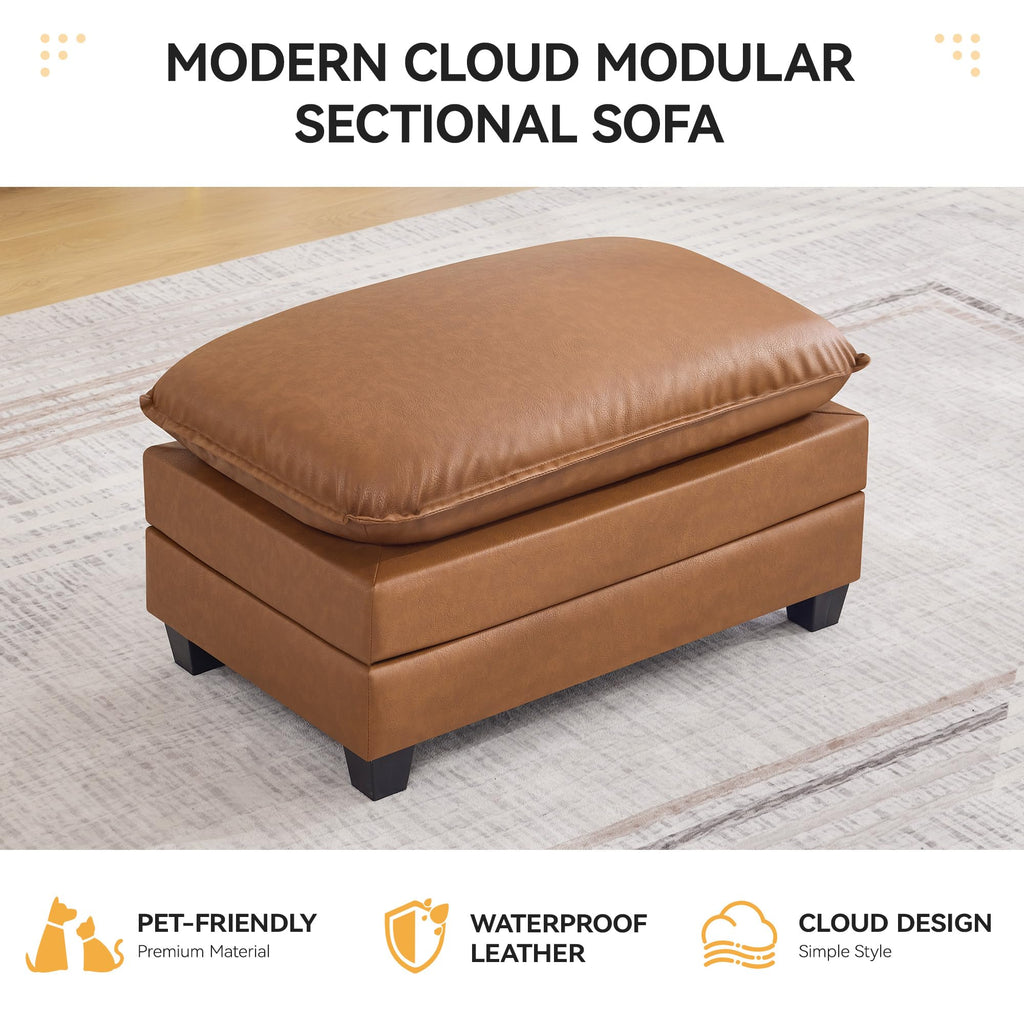 35'' Modern Leather Cloud Sofa Ottoman, Rectangle Ottoman for Modular Sectional Sofa, Leather Light Brown