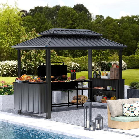 6’x10’ Hardtop Grill Gazebo, BBQ Gazebo for Outdoor Grill with Double Galvanized Steel Roof