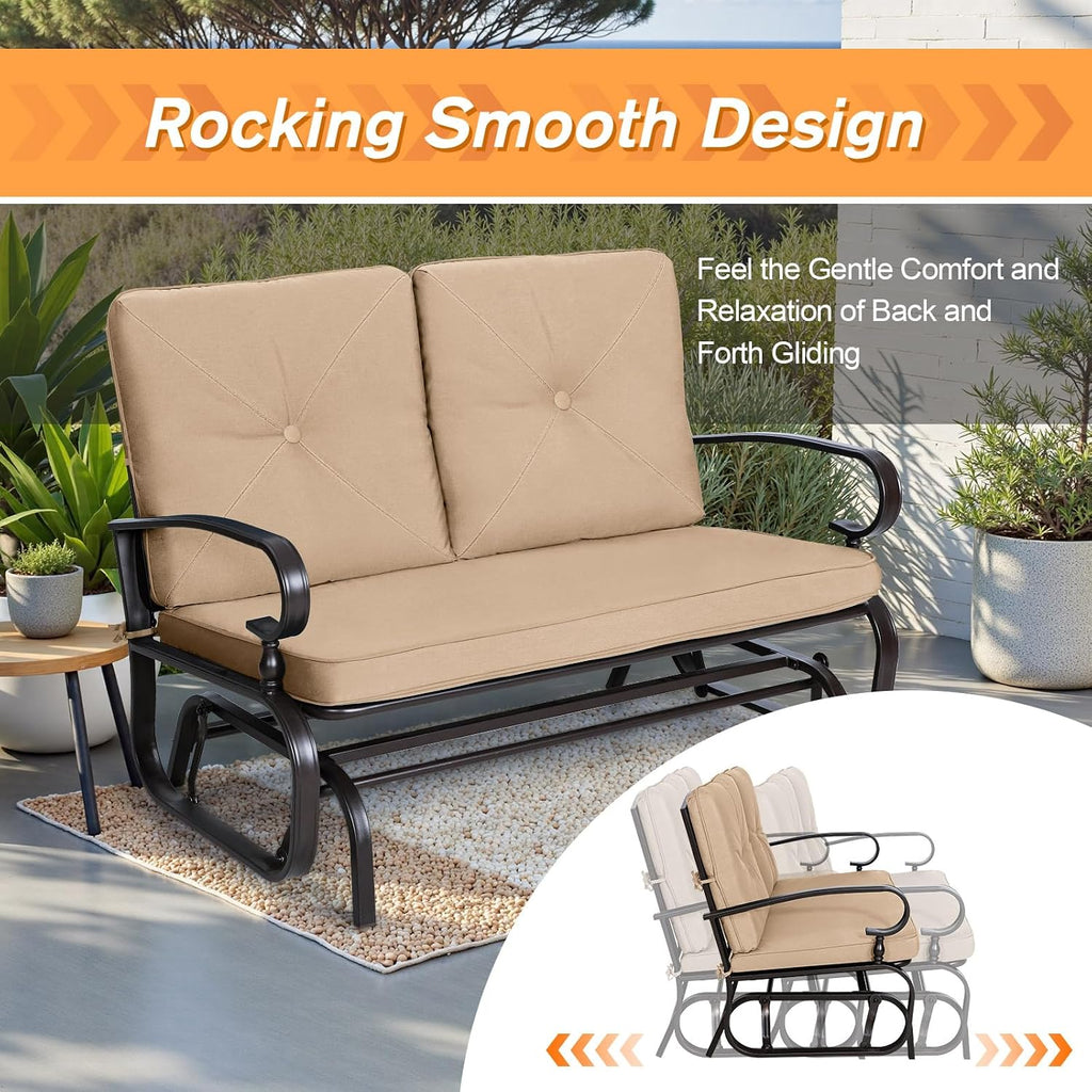 Outdoor Loveseat Patio Swing Glider Bench 2 Seats Rocking Chair, Wrought Iron Chair Set with Brown Cushion