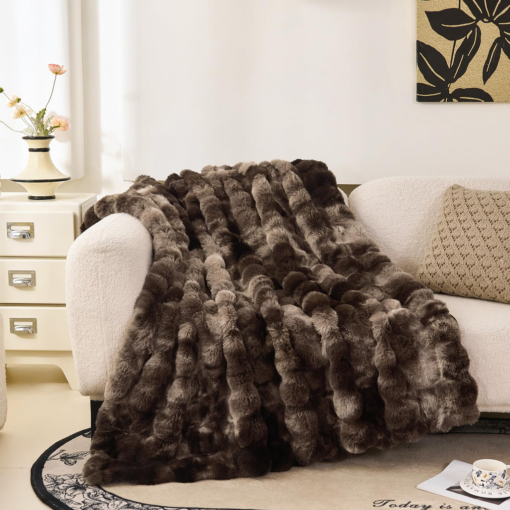 Soft Fluffy Faux Fur Throw Blanket 50"x60", Bubble Plush Texture