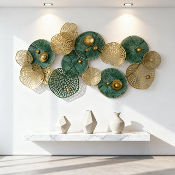 Large 3D Metal Wall Art, Modern Blue & Gold Lotus Leaf Sculpture, Coastal Home Decor Bedroom, Fall Halloween