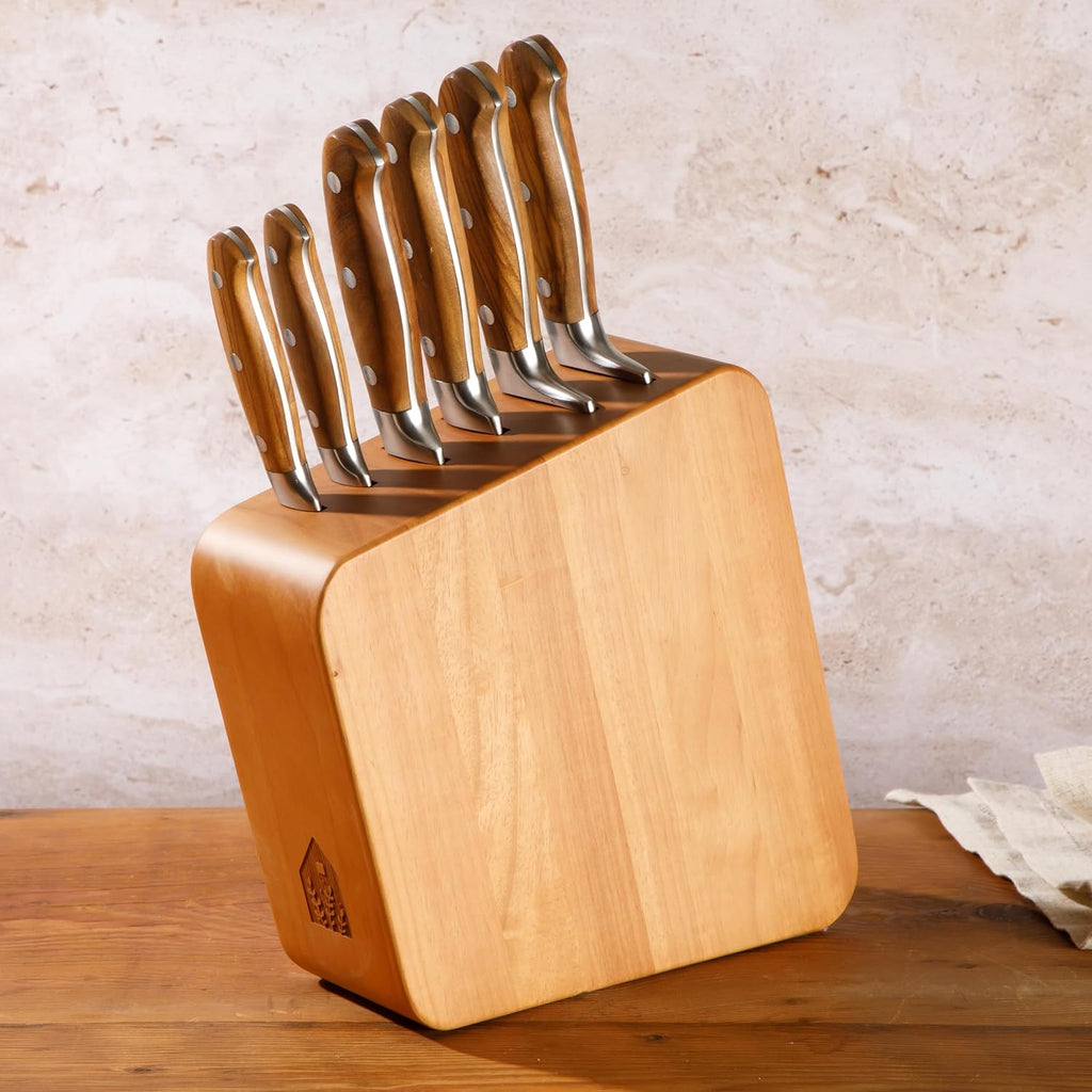 Kitchen Knife Block Set - 7 Piece Italian Olive Wood German Forged Stainless Steel Knives - Two Time Oprah's Favorite