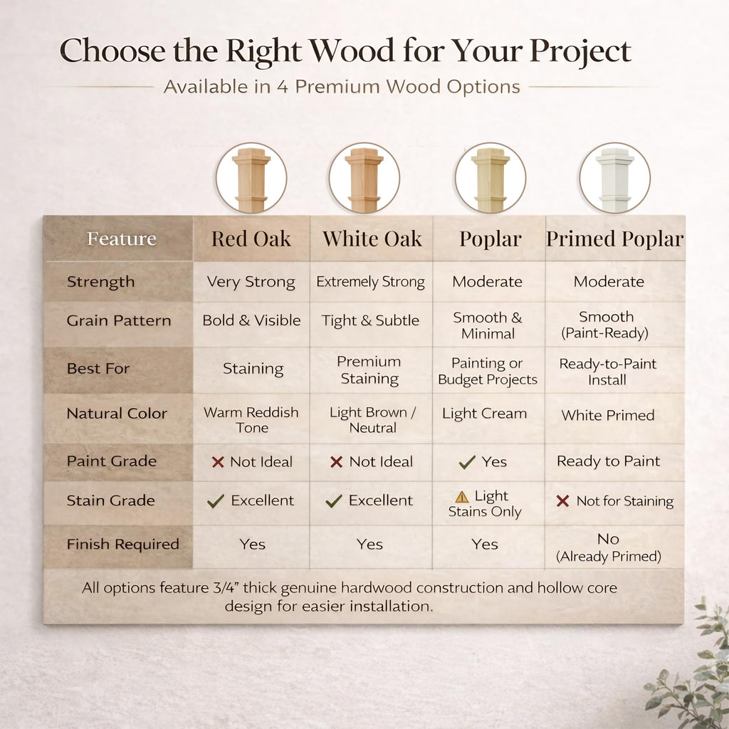 White Oak Box Newel Post 3.5" x 58", Hollow Box Newel Wood Balusters for Staircase Interior, Square Design, 3⁄4"