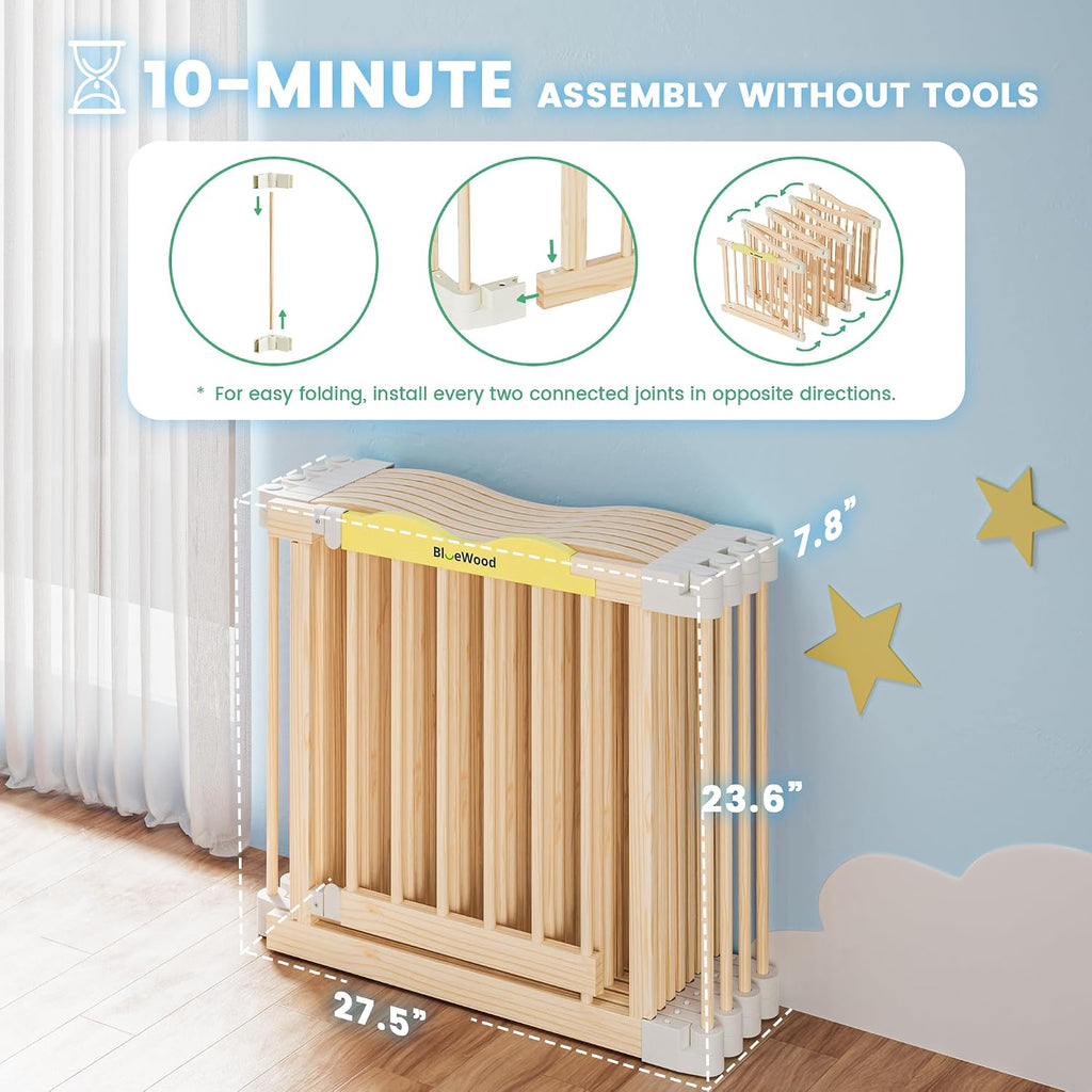 Foldable Wooden Playpen, Natural Pine, 55 x 55 x 24 inches | Adjustable Wood Baby Play Yard with Door, Indoor Large
