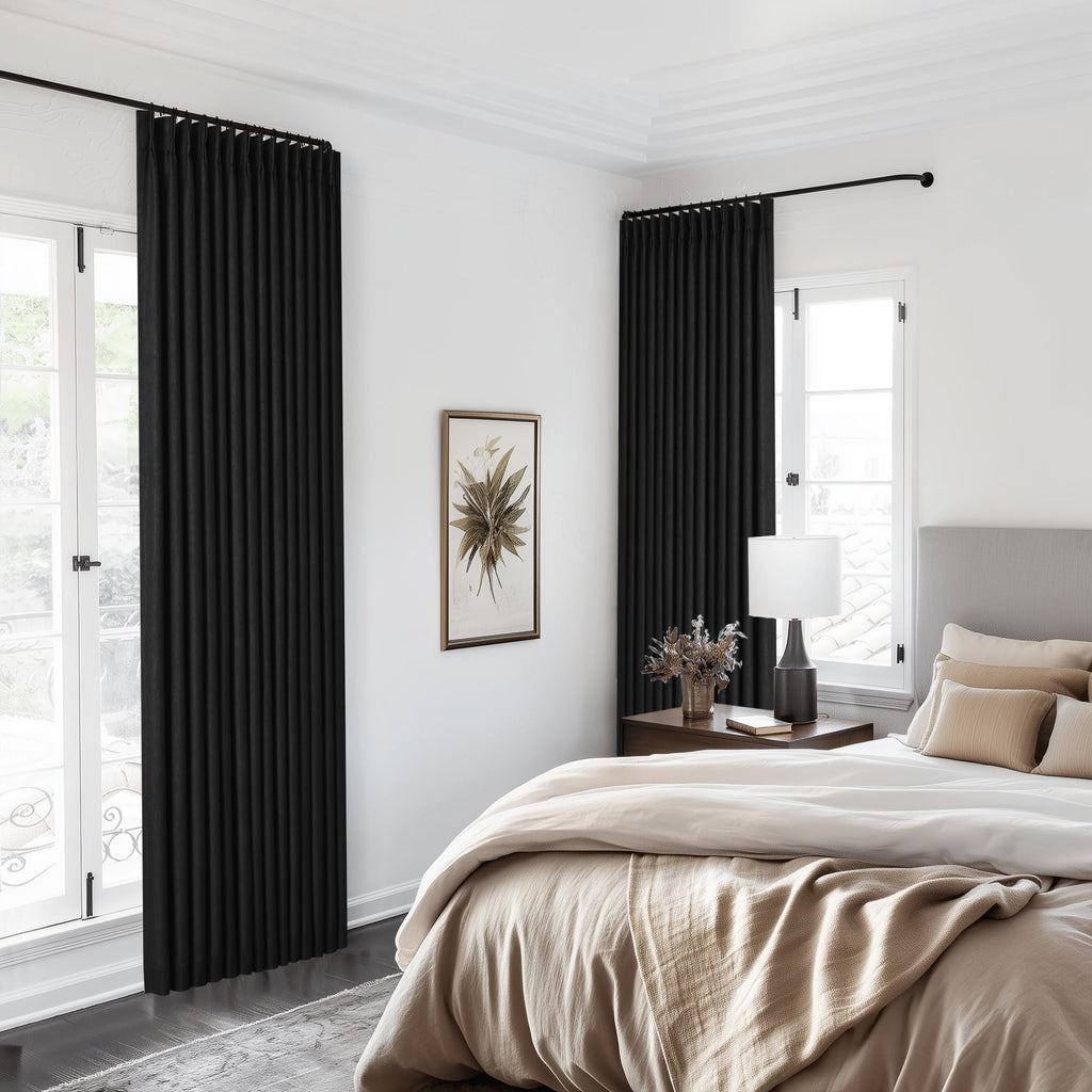 Black 100% Blackout Pinch Pleat Linen Curtains 108 Inches Long