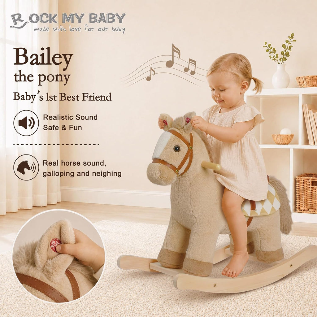 My Baby Rocking Horse for Toddlers 18M+, Light Brown Plush Ride-On Horse Toy with Realistic Galloping Sounds