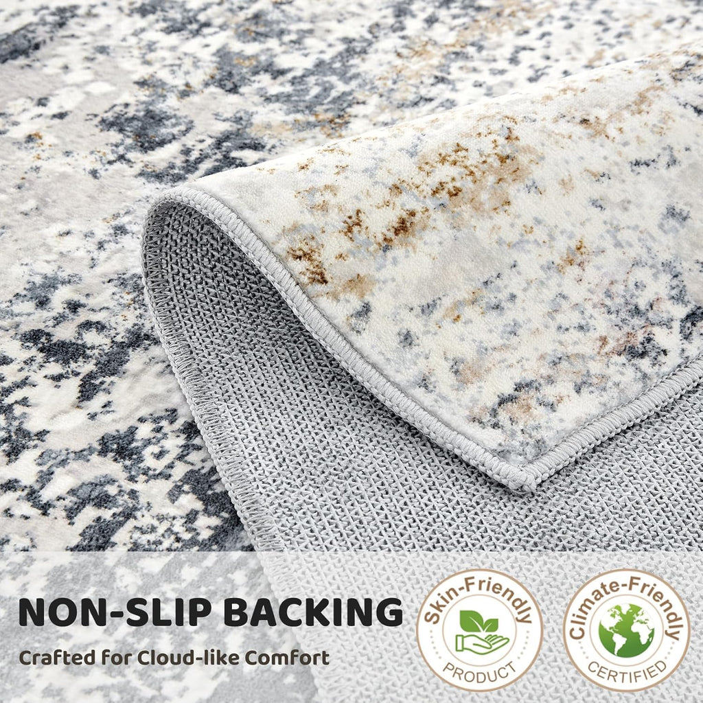 8ft Round Area Rug Living Room Rugs - 8x8 Washable Large Soft Indoor Neutral Modern Abstract Low Pil