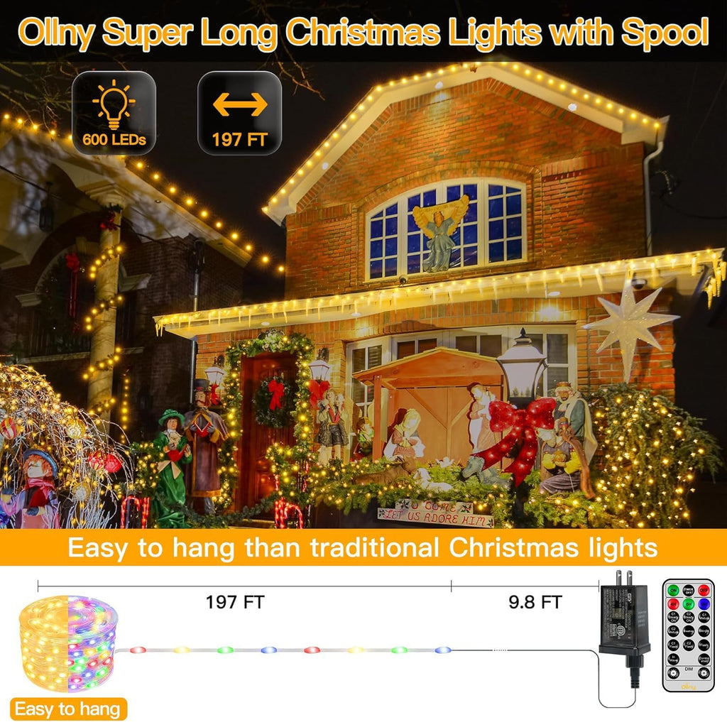 Christmas Lights Warm and Multicolor, 600LED 197FT Christmas Tree Lights IP67 Waterproof, Plug in Fairy Light with