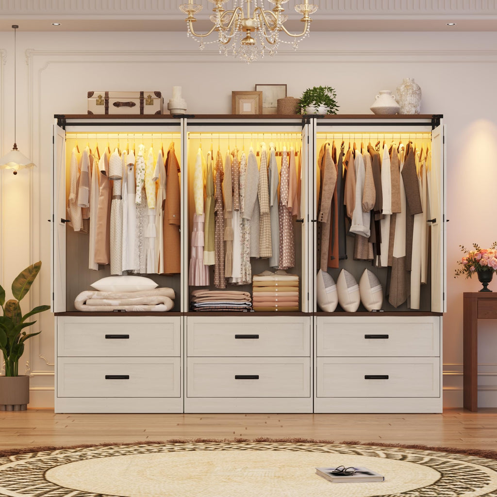 Farmhouse Wardrobe Armoire Closet with 6 Doors and 6 Drawers, Antique White